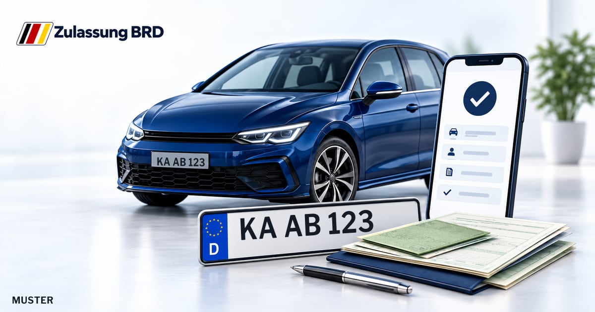 Online Fahrzeugzulassung in Östringen: Musterkennzeichen KA AB 123, Auto und Fahrzeugpapiere und Smartphone. Illustration mit Logo von Zulassung BRD.
